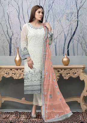 Exclusive Heavy Faux Georgette With Embroidery Sequence Work With Stone Work Pakistani Suit White And Peach Color DN 1009