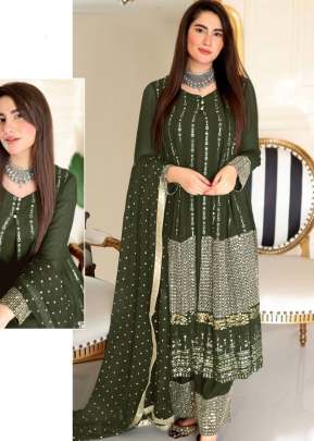 Exclusive Heavy Faux Georgette With Embroidery Sequence Work Pakistani Suit Mehndi Color DN 1025