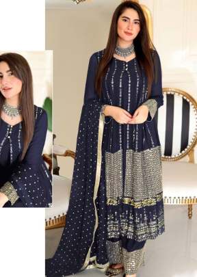 Exclusive Heavy Faux Georgette With Embroidery Sequence Work Pakistani Suit Nevy Blue Color DN 1025