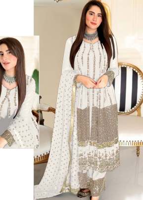 Exclusive Heavy Faux Georgette With Embroidery Sequence Work Pakistani Suit White Color DN 1025