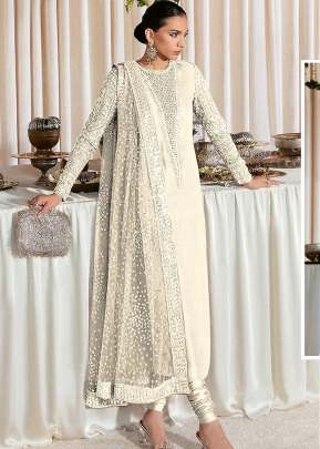 Exclusive Heavy Faux Georgette With Embroidery Sequence Work Pakistani Suit White Cream Color DN 1026