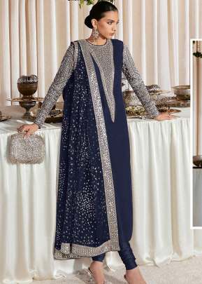 Exclusive Heavy Faux Georgette With Embroidery Sequence Work Pakistani Suit Nevy Blue Color DN 1026