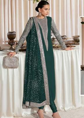 Exclusive Heavy Faux Georgette With Embroidery Sequence Work Pakistani Suit Rama Color DN 1026