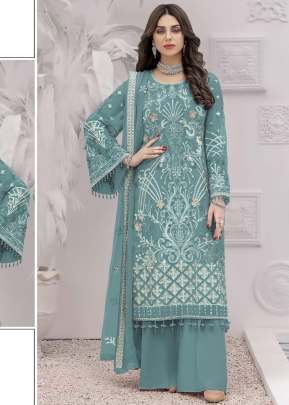 Exclusive Heavy Faux Georgette With Embroidery Sequence  Work Pakistani Suit Light Blue Color DN 1031