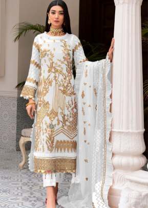 Fancy Designer Faux Georgette Embroidery Work Pakistani Suit White Color DN 106