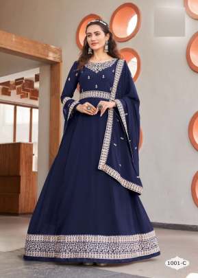 Fancy Designer Faux Georgette With Embroidery Dori Work Anarkali Gown Nevy Blue Color DN 1001