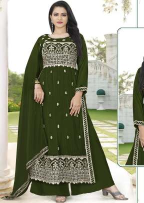 Fancy Designer Faux Georgette With Four Side Less Work Dupatta Nayra Cut Suit Mehndi Color DN 5024