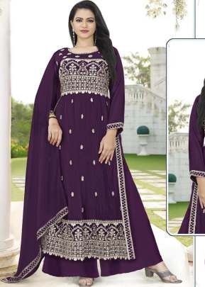 Fancy Designer Faux Georgette With Four Side Less Work Dupatta Nayra Cut Suit Wine Color DN 5024