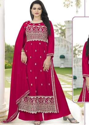 Fancy Designer Faux Georgette With Four Side Less Work Dupatta Nayra Cut Suit Rani Color DN 5024