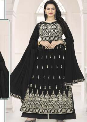 Fancy Designer Faux Georgette With Four Side Less Work Dupatta Nayra Cut Suit Black Color DN 5023