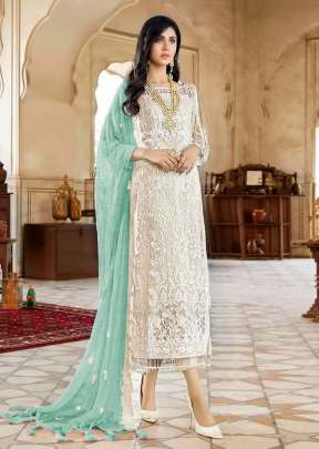 Fancy Faux Georgette Embroidered Pakistani Suit White And Sky Color DN 119