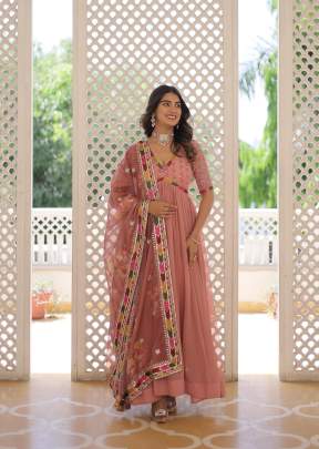 Faux Georgette With Embroidery Zari Sequence Work Anarkali Gown With Dupatta Peach Color LW DN 9180