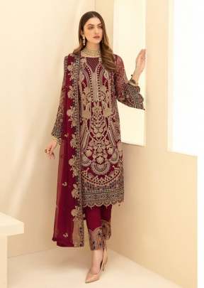 Faux Georgette With Heavy Embroidered Maria Vol 1 Pakistani Suit Maroon Color DN 8111