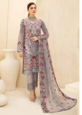 Faux Georgette With Heavy Embroidered Maria Vol 1 Pakistani Suit Grey Color DN 8113