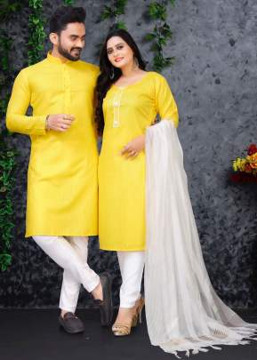 Festive Wear Pure Slub Cotton Fabric With Silver Weaving Lining Couple Collection Yellow Color