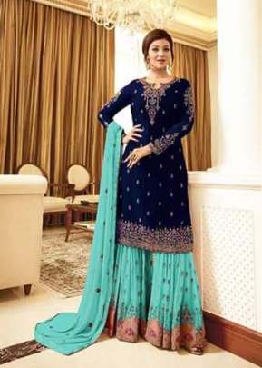 Fiona Designer Georgette With Embroidery Work With Stone Work Sharara Suit Nevy Blue And Sky Color DN 22216