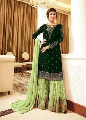 Fiona Designer Georgette With Embroidery Work With Stone Work Sharara Suit Green And Parrot Color DN 22216