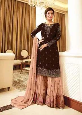 Fiona Designer Georgette With Embroidery Work With Stone Work Sharara Suit Coffee And Peach Color  DN 22216