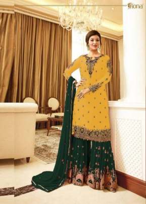 Fiona Designer Georgette With Embroidery Work With Stone Work Sharara Suit Mustard Yellow And Green Color DN 22216