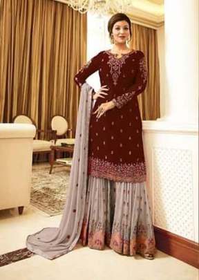 Fiona Designer Georgette With Embroidery Work With Stone Work Sharara Suit Maroon And Grey Color DN 22216