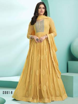 Georgette Faux With Embroidery Work Floor Length Anarkali Suit Yellow Color DN 2001 