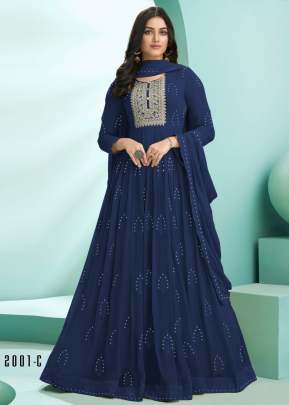 Georgette Faux With Embroidery Work Floor Length Anarkali Suit Blue Color DN 2001 