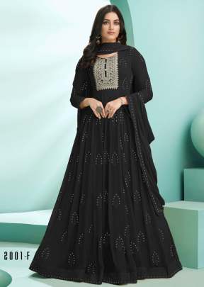 Georgette Faux With Embroidery Work Floor Length Anarkali Suit Black Color DN 2001 