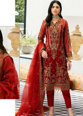 Georgette Heavy Embroidery Work Pakistani Suit Red Color DN 529