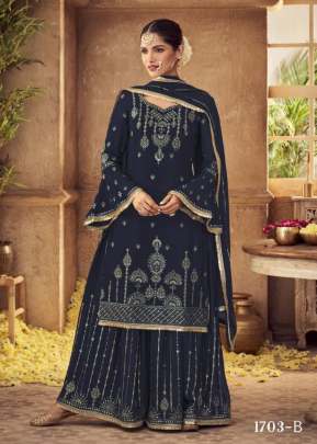 Glossy Antra Heavy Faux Georgette With Embroidery Work Palazzo Suit Nevy Blue Color DN 1703 B