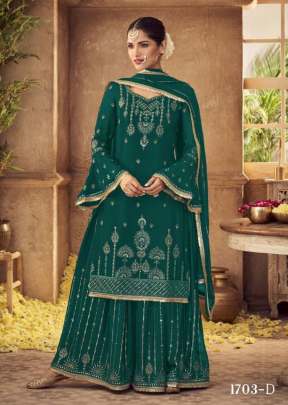 Glossy Antra Heavy Faux Georgette With Embroidery Work Palazzo Suit Rama Green Color DN 1703 D