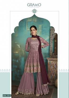 Gramo Heavy Faux Georgette With EMbroidered Sharara Suit Light Wine Color DN 121