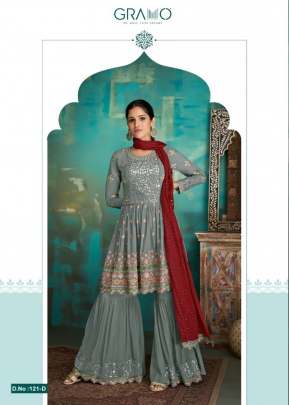 Gramo Heavy Faux Georgette With EMbroidered Sharara Suit Grey Color DN 121