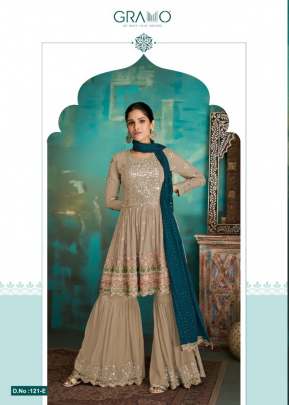 Gramo Heavy Faux Georgette With Embroidered Sharara Suit Cream Color DN 121