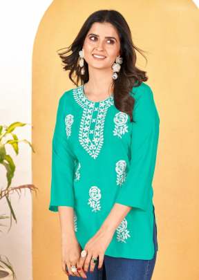 Gulab Heavy Rayon With Embroidery Work Western Ladies Top Teal Color DN 1001 