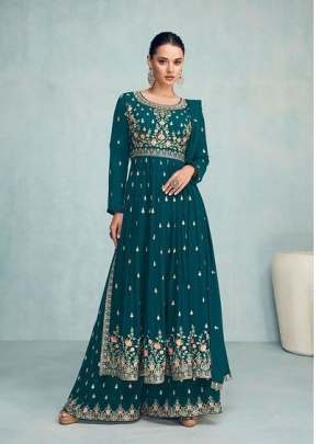 Gulkayra Designer Nayra Vol 5 Georgette Embroidered Nayra Cut Suit DN 7205 Teal Blue Color