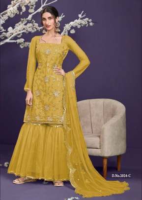 Heavy Butterfly Net With Embroidery Work Palazzo Suit Yellow Color DN 2024