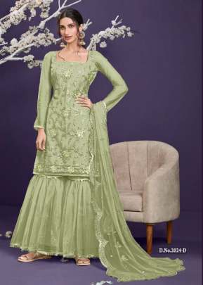 Heavy Butterfly Net With Embroidery Work Palazzo Suit Pista Color DN 2024