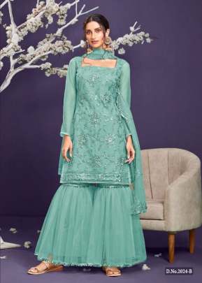 Heavy Butterfly Net With Embroidery Work Palazzo Suit Sky Blue Color DN 2024