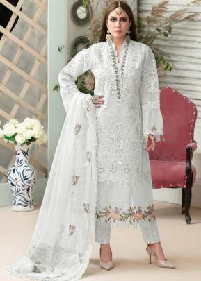 Heavy Butterfly Net With Heavy Embroidery Work Pakistani Suit White Color DN 9110