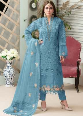 Heavy Butterfly Net With Heavy Embroidery Work Pakistani Suit Sky Blue Color DN 9110