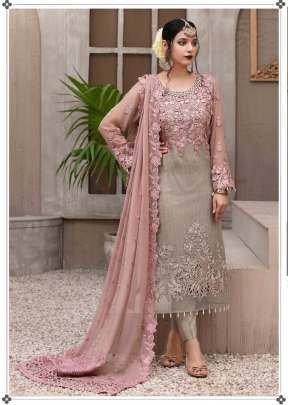 Heavy Faux Georgette With Embroidery Pakistani Suit Peach And Grey Color DN 9109