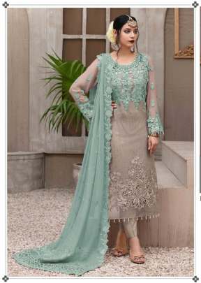 Heavy Faux Georgette With Embroidery Pakistani Suit Sky And Grey Color DN 9109