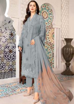 Heavy Faux Georgette With Embroidery And Stone Work Pakistani Suit Grey Color DN 9112