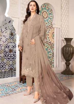 Heavy Faux Georgette With Embroidery And Stone Work Pakistani Suit Chiku Color DN 9112