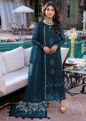 Heavy Faux Georgette With Embroidery And Stone Work Pakistani Suit Teal Color DN 9116