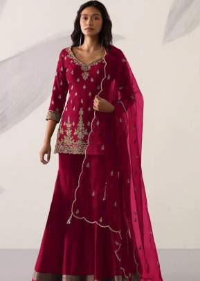 Heavy Faux Georgette With Embroidery Sequence Work Sharara Suit Red Color DN 1003