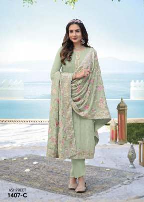 Heavy Faux Georgette With Embroidery And Mirror Work Designer Suit Light Pista Color DN 1407