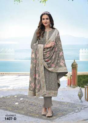 Heavy Faux Georgette With Embroidery And Mirror Work Designer Suit Grey Color DN 1407