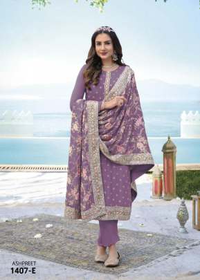 Heavy Faux Georgette With Embroidery And Mirror Work Designer Suit Purple Color DN 1407