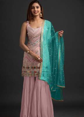 Heavy Faux Georgette With Embroidery Sequence Work Sharara Suit Pink Color DN 1003 B